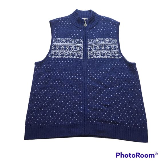Appleseed's Womens XL Nordic Snowflake Sweater Vest Navy Blue Decorative Zipper - Picture 1 of 9